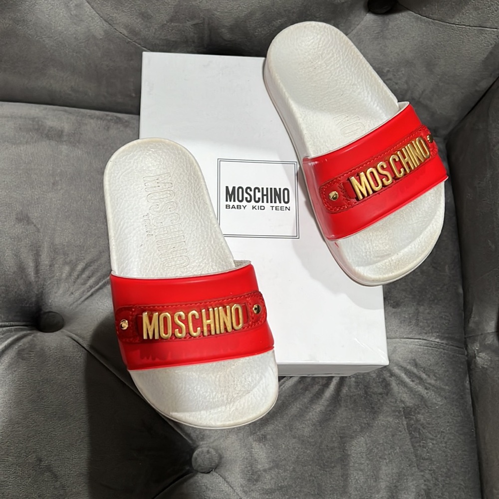 Red and White Moschino Slides